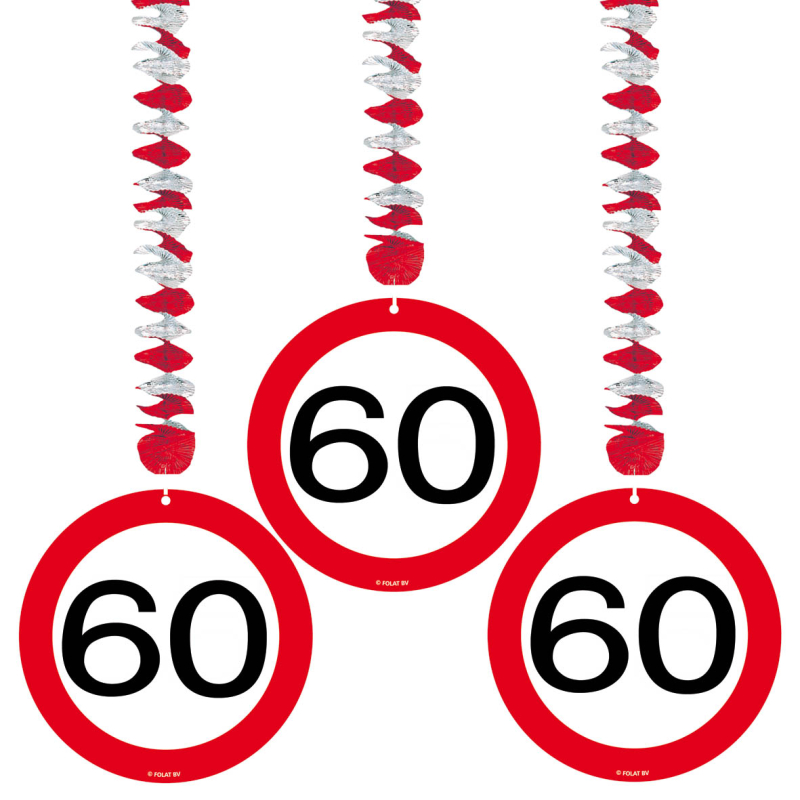 Hänge Dekoration zum 60. Geburtstag. Auch geeignet für ein 60 Jahr Jubiläum. Mit Spirale aus feinem Aluminium Papier und einer Verkehrstafel aus Karton. Die Deko kann ganz einfach von der Decke runter gehängt werden. Das runde rot-weisse Tempolimit Schild