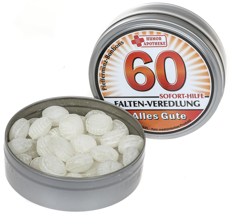 60 Jahre, Happy Birthday! Alles Gute zum Geburtstag. Mit dem Spruch SOFORT HILFE, FALTEN VEREDELUNG. Die erfrischenden Pfefferminz Bonbons in der runden Dose sind ein Produkt aus der bekannten Humor Apotheke. Ein lustiges und witziges Geburtstags Geschenk