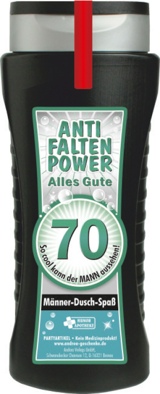 Anti Falten Power. Alles Gute zum 70. Geburtstag. Damit kann sich der Mann unter der Dusche einseifen. Die Shampoo Flasche ist einem lustigen Spruch bedruckt. Ideal als witziges Geschenk für Männer zum Geburtstag oder als Weihnachtsgeschenk. Aroma Duschge