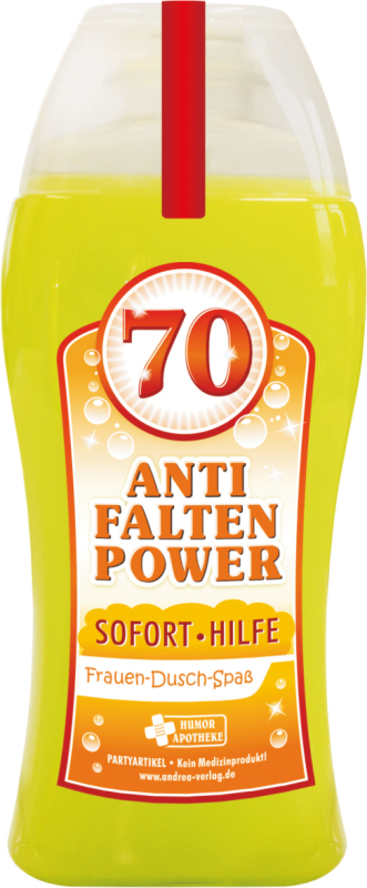 Anti Falten Power Soforthilfe. Das lustige Frauen Duschmittel zum 70. Geburtstag. Damit kann sich die Frau unter der Dusche einseifen. Die Shampoo Flasche ist meinem lustigen Spruch bedruckt. Ideal als witziges Geschenk für Frauen zum Geburtstag mit der Z