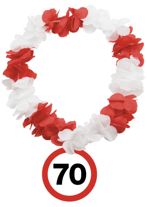 70. Geburtstag Verkehrsschild Verkehrstafel Kette. Die üppige Hawaiikette mit roten und weissen Blumenblättern. Die Jubiläumszahl steht auf einem runden Kartonschild-Anhänger, die unter dem Blüten-Kranz hängt. Die Kette hat eine Einheitsgrösse. Ob zur Fas