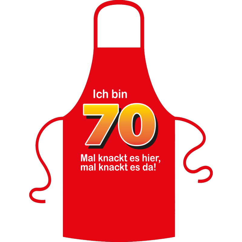 Die Kochschürze zum 70. Geburtstag. Die Küchenschürze mit dem Spruch: ICH BIN 70 Jahre…  Der Spruch unter der Zahl 70 kann aus verschiedenen Sprüchen ausgewählt werden. So wird die Schürze individuell für Frauen und Männer angepasst. Ein schönes Geschenk