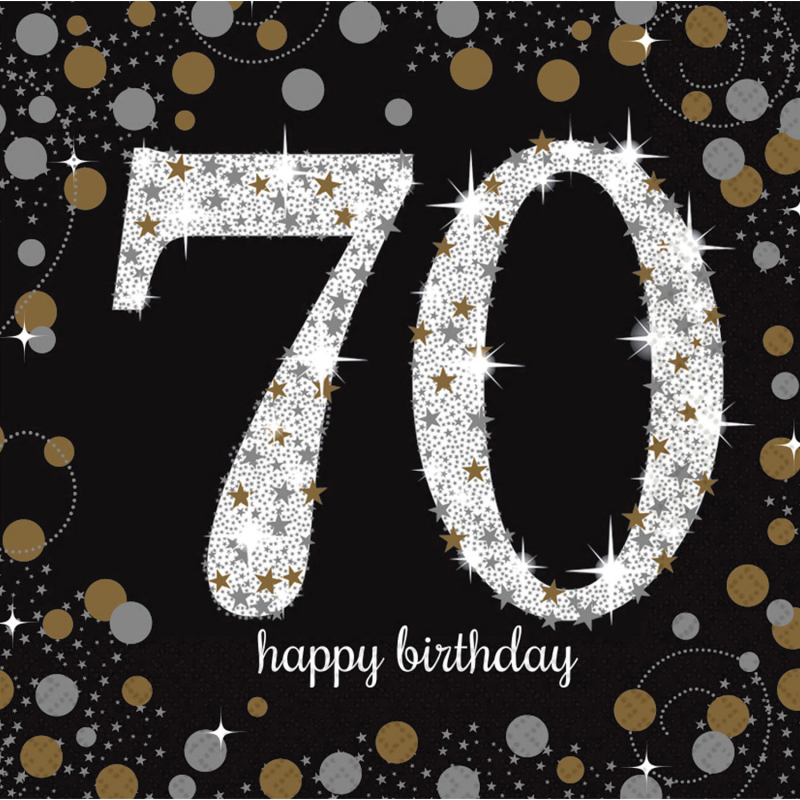 70 Jahre, Happy Birthday. Die elegante Serviette für die Geburtstagsparty zum 70. Geburtstag. Die Servietten mit der Ziffer zum runden Geburtstag. Die Ziffer steht gross in der Mitte, rundum verziert mit vielen Sternen. Eine schöne Tischdekoration zum Geb