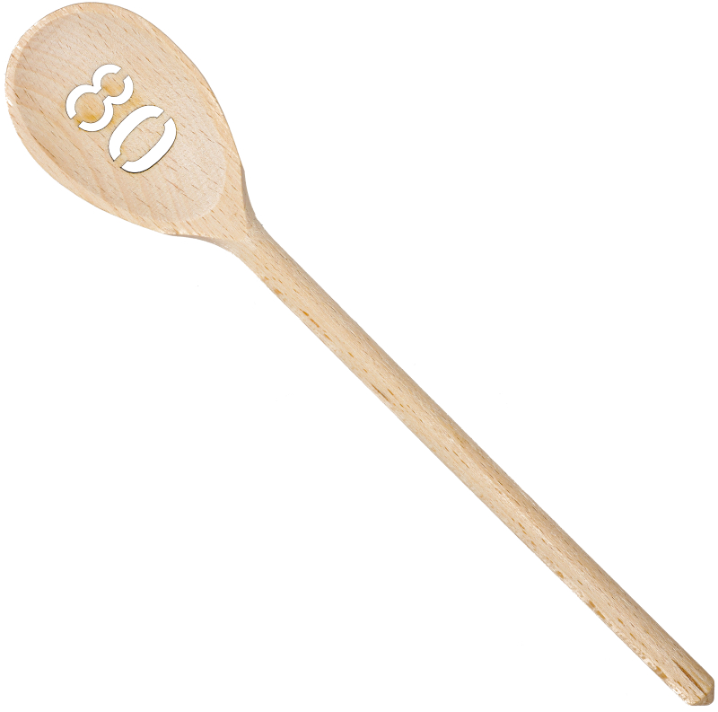 Der Holzlöffel mit der Zahl 80. Ein Holz Geschenk zum 80. Geburtstag. Die Kelle ist aus Holz und mit einem ausgestanzten Motiv. Ein tolles Geburtstagsgeschenk zum runden Geburtstag.  Länge Holzkelle: 30 cm