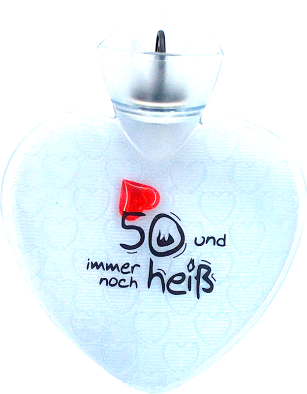 50 und immer noch heiss. Optimal zum Schenken zum 50. Geburtstag. Happy Birthday. Die Herz Wärmeflasche ist ein hochwertiges Qualitätsprodukt. Eine Bettflasche ist immer ein tolles Geschenk zum Valentinstag, Geburtstag, Weihnachten – eine