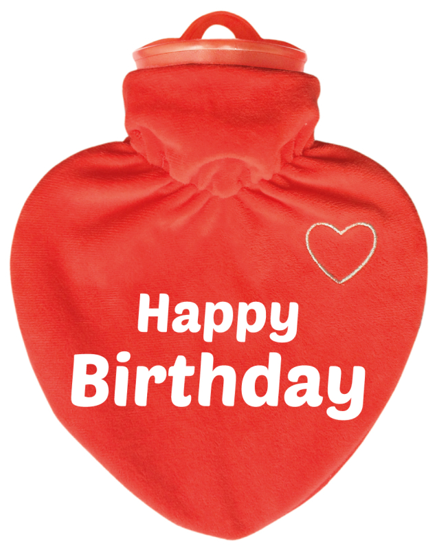 Happy Birthday. Alles Gute zum Geburtstag.  Die Herz Wärmeflasche ist ein hochwertiges Qualitätsprodukt. Mit einem samtig-weichen Veloursüberzug (rot) 100 % Polyester, mit einem weissen, aufgesticktem Herzli auf der Vorderseite. Dazu mit bedruckt mit eine