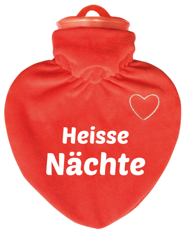 Heisse Nächte.  Die Herz Wärmeflasche ist ein hochwertiges Qualitätsprodukt. Mit einem samtig-weichen Veloursüberzug (rot) 100 % Polyester, mit einem weissen, aufgesticktem Herzli auf der Vorderseite. Dazu mit bedruckt mit einem lustigen Spruch. Der Bettf