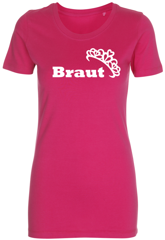 Braut. Mit einer tollen Krone / Tiara. Das lustige Polterabend T-Shirt für die Braut. Das farbige Sujet-Motiv passt perfekt für den Junggesellinnen Abschied und seine Gefolgschaft.  Auch für die Kolleginnen der Braut gibt es passende Shirts, welche in ein