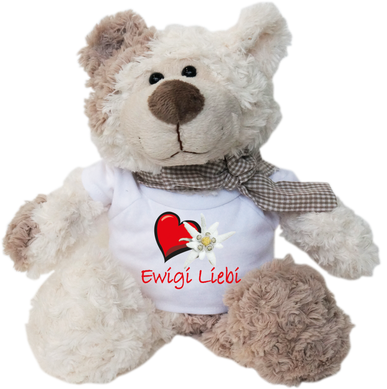 Ewigi Liebi. Felix ist der Bestseller. Der kuschelige Plüschbär ist richtig weich. Ein tolles Geschenk für jeden Anlass. Alle Teddybären tragen eine Schleife um den Hals. Dazu ein weisse Mini T-Shirt mit einem lustigen Spruch. Das Mini