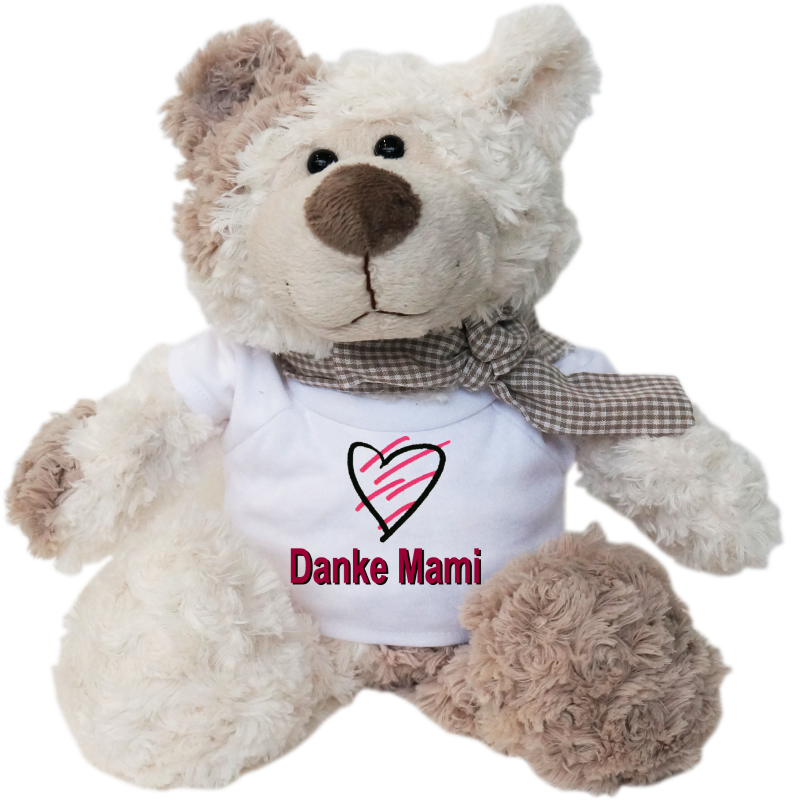 Danke Mami. Felix ist der Bestseller. Der kuschelige Plüschbär ist richtig weich. Ein tolles Geschenk für jeden Anlass. Alle Teddybären tragen eine Schleife um den Hals. Dazu ein weisse Mini T-Shirt mit einem lustigen Spruch. Das Mini-