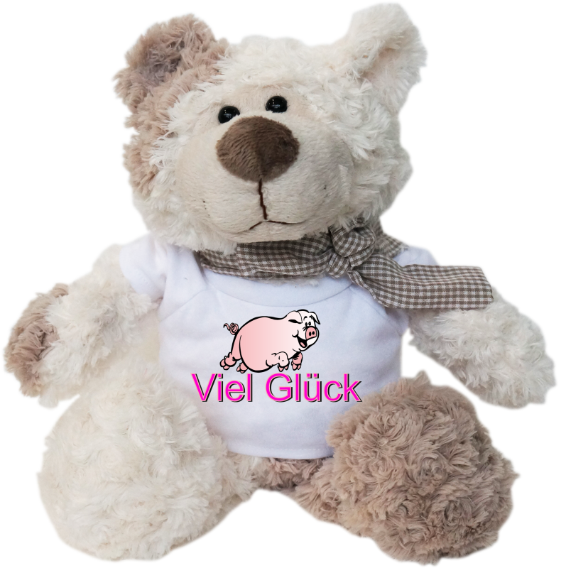 Viel Glück mit einem Glücksschwein. Felix ist der Bestseller. Der kuschelige Plüschbär ist richtig weich. Ein tolles Geschenk für jeden Anlass. Alle Teddybären tragen eine Schleife um den Hals. Dazu ein weisse Mini T-Shirt mi