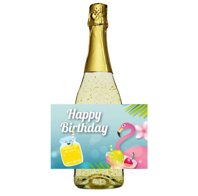 Happy Birthday. Sommer Goldsekt mit Flamingo und Ananas. Der Cüpli Prosecco für Frauen. Ein einzigartiges weinhaltiges Getränk mit einer leichten Pfirsich-Note. Der Goldsekt wird in Österreich produziert, komponiert aus den beiden