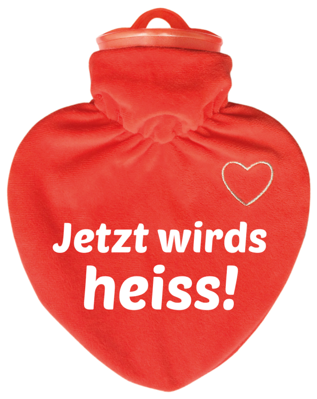 Jetzt wirds heiss. Die Herz Wärmeflasche ist ein hochwertiges Qualitätsprodukt. Mit einem samtig-weichen Veloursüberzug (rot) 100 % Polyester, mit einem weissen, aufgesticktem Herzli auf der Vorderseite. Dazu mit bedruckt mit einem lustigen Spruch. Der Be