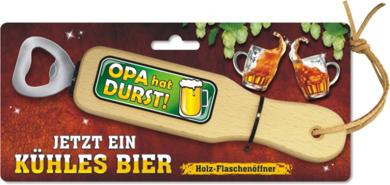 Opa hat Durst – jetzt ein kühles Bier.   Das lustige Männergeschenk aus Holz. Weil zu jeder Bierflasche braucht der Grossvater auch einen Öffner. Der Holz Flaschenöffner mit dem lustigen Spruch gibt es in verschiedenen witzigen Motiven. Der Bieröffner ist