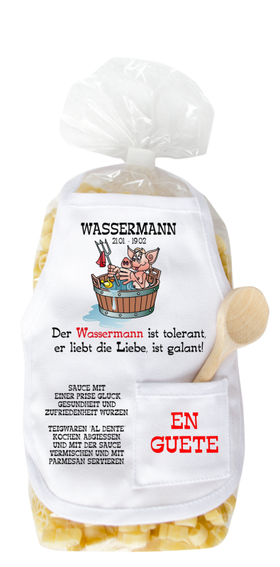 Mit dem Sternzeichen Spruch: Der Wassermann ist tolerant, er iebt die Liebe, ist galant. Die beliebten und lustigen Schwein Teigwaren. Als Geschenk mit einer kleinen Mini-Schürze und einem herzigen Holzlöffeli. Inklusive Rezept auf Schürzch