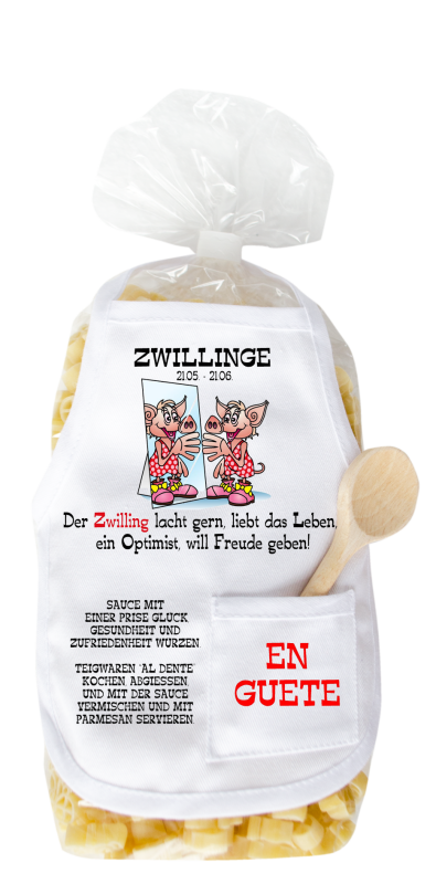 Mit dem Sternzeichen Spruch: Der Zwilling lacht gern, liebt das Leben, ein Optimist, will Freude geben. Die beliebten und lustigen Schwein Teigwaren. Als Geschenk mit einer kleinen Mini-Schürze und einem herzigen Holzlöffeli. Inklusive Rezept au