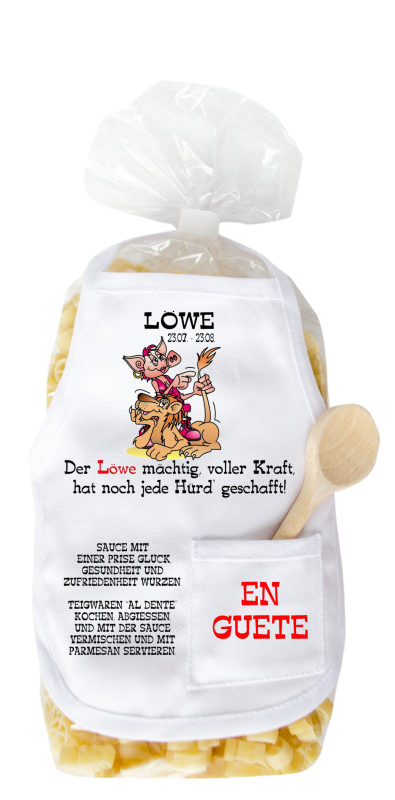 Mit dem Sternzeichen Spruch: Der Löwe mächtig voller Kraft, hat noch jede Hürd geschafft. Die beliebten und lustigen Schwein Teigwaren. Als Geschenk mit einer kleinen Mini-Schürze und einem herzigen Holzlöffeli. Inklusive Rezept a