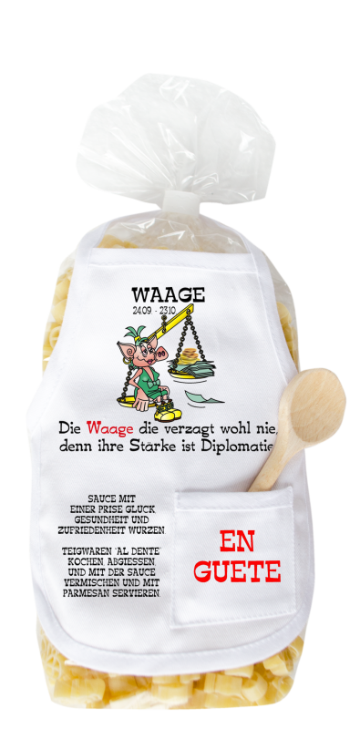 Mit dem Sternzeichen Spruch: Die Waage die verzagt wohl nie, denn ihre Stärke ist Diplomatie. Die beliebten und lustigen Schwein Teigwaren. Als Geschenk mit einer kleinen Mini-Schürze und einem herzigen Holzlöffeli. Inklusive Rezept auf Sch