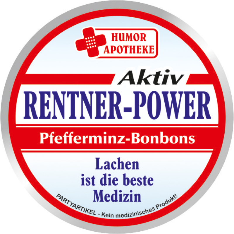 Aktiv Renter-Power. Lachen ist die beste Medizin. Die erfrischenden Pfefferminz Bonbons in der Blechdose sind bekannt aus der lustigen Humor Apotheke. Eine witzige Geschenkidee zum Ruhestand und für die Pension. Egal ob Rentnerin oder Rentner, wer die AHV