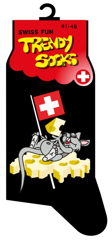 Spasssocken mit dem Sujet Käse / Maus / Schweiz. Einheitsgrösse (41 – 46). Optimal als Geschenk für jeden Anlass.   
