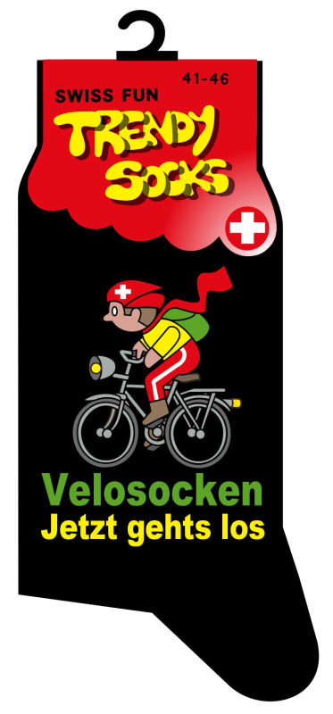 Spasssocken mit dem Spruch Velosocken jetzt gehts los. Einheitsgrösse (41 – 46). Optimal als Geschenk für jeden Anlass.   