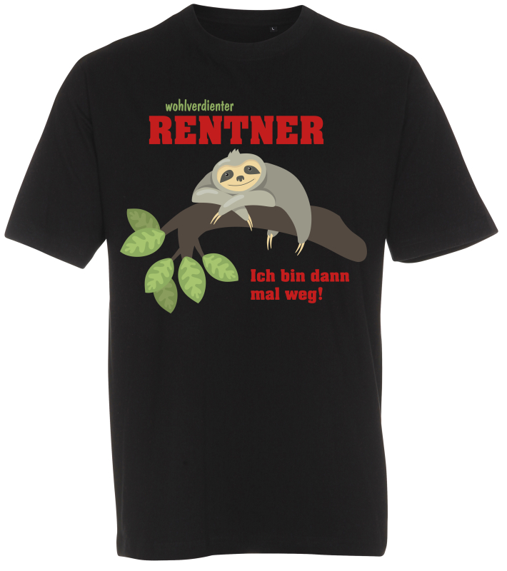 Wohlverdienter Rentner. Ich bin dann mal weg. Als Motiv ein Faultier. Das lustige T-Shirt für den Pensionär in Pension. Wer in den Ruhestand geht und jetzt die AHV Rente bekommt, der hat als Geschenk ein witziges Leibchen mit Spruch verdient! Dieses T Shi