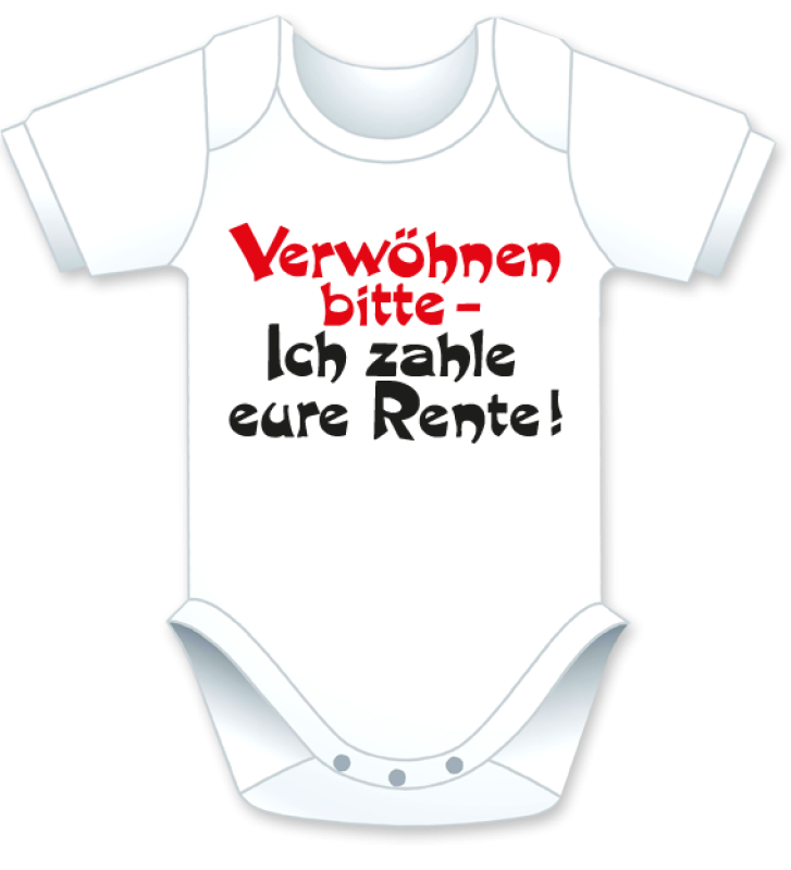 Kurzarm Babybody mit dem Spruch: Verwöhnen bitte – ich zahle eure Rente. Die grosse Show der herzigen Babybodies. Die Strampler mit den lustigen Sprüchen. Das finden nicht nur die Kleinkinder lustig, sondern vor allem auch die Erwachsenen