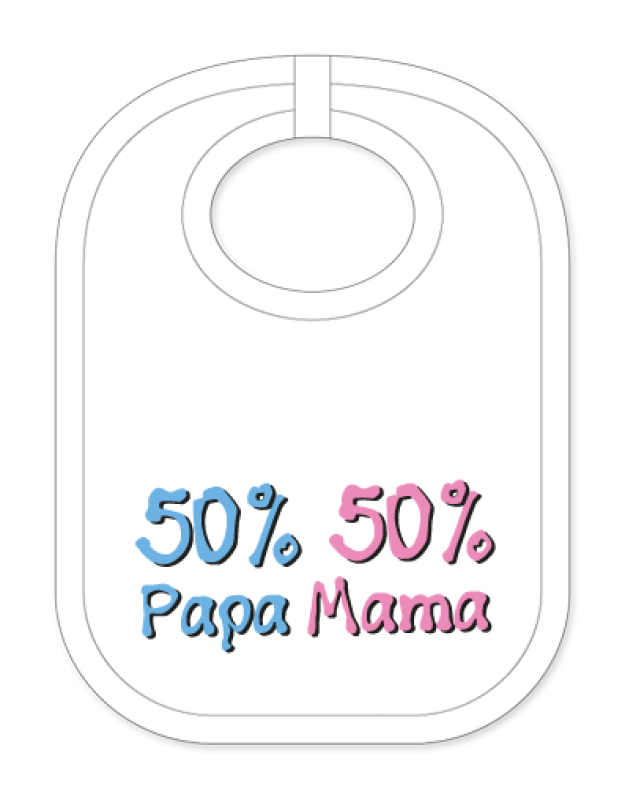 Babylätzli mit dem Spruch: 50 % Papa, 50 % Mama. Lustiger Latz für Babys und Kleinkinder. Ein tolles Geschenk für Neugeborene, für Eltern oder einfach zur Geburt, auf den Geburtstag oder zu Weihnachten. Die Lätze für Babies s