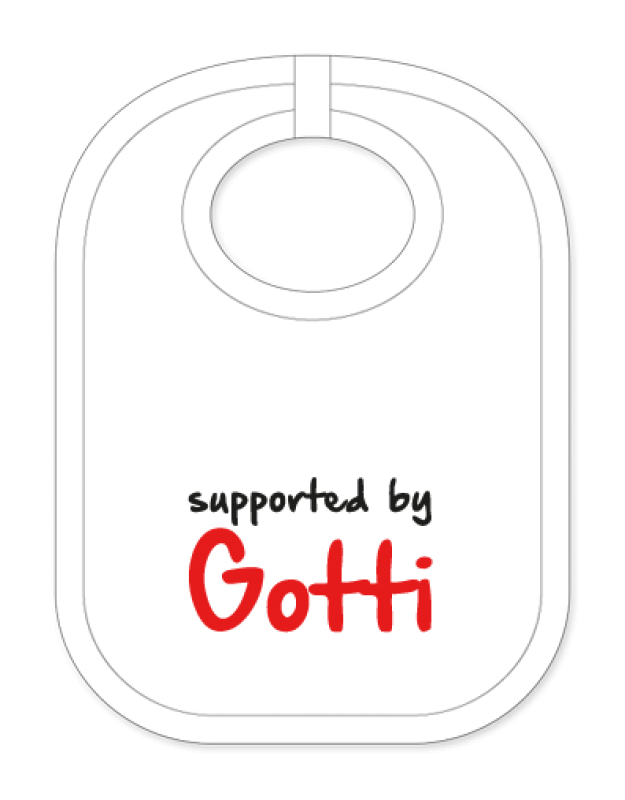 Babylätzli mit dem Spruch: Supported by Gotti. Lustiger Latz für Babys und Kleinkinder. Ein tolles Geschenk für Neugeborene, für Eltern oder einfach zur Geburt, auf den Geburtstag oder zu Weihnachten. Die Lätze für Babies sin