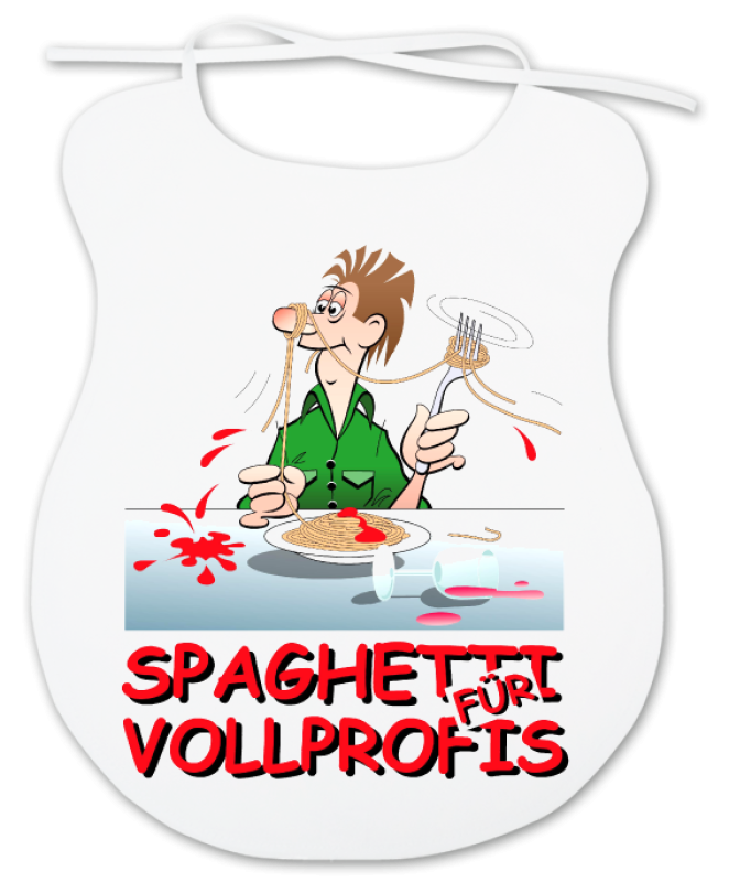 Spaghetti für Vollprofis. Das Lätzchen für Erwachsene – der grosse Spaghetti Latz. Ein lustiges Geschenk für alle, die mehr oder weniger beim Essen kleckern. Aus Baumwolle. 35 x 45 cm