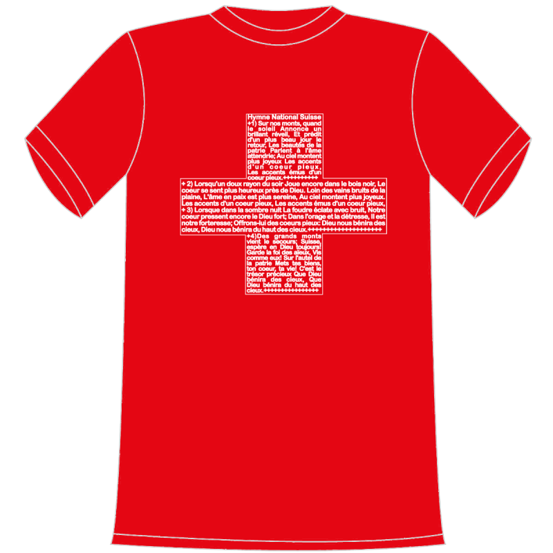 Schweizerkreuz. Im Kreuz ist die Schweizer National Hymne gedruckt. In französischer Sprache. Francais. Die lustigen und witzigen bedruckten T-Shirts sind ideal als witziges Geschenk. Funshirt hergestellt aus 100% Baumwolle.