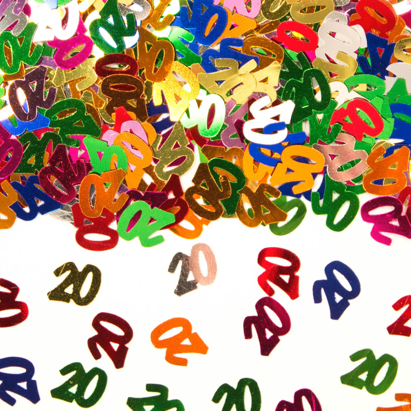20. Geburtstag Confetti. Farbige Konfetti mit Zahl zur Dekoration. Für alle Feierlichkeiten als Tischdekoration, Cocktailparty, Geburtstagsparty, Jubiläum und vieles mehr. Im Beutel, ca. 10 Gramm.