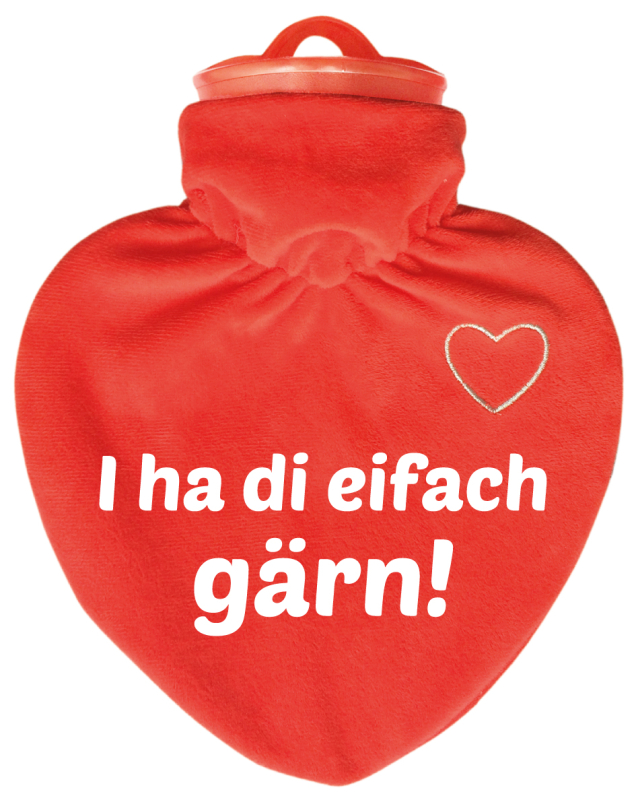 I ha di gärn.   Die Herz Wärmeflasche ist ein hochwertiges Qualitätsprodukt. Mit einem samtig-weichen Veloursüberzug (rot) 100 % Polyester, mit einem weissen, aufgesticktem Herzli auf der Vorderseite. Dazu mit bedruckt mit einem lustigen Spruch. Der Bettf