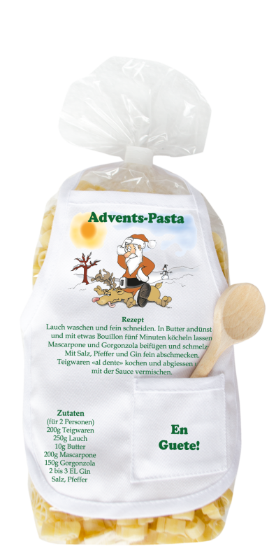 Mit dem Spruch: Advents Pasta. Ideal für die Zeit vor Weihnachten. Die beliebten und lustigen Engel Teigwaren. Als Geschenk mit einer kleinen Mini-Schürze und einem herzigen Holzlöffeli. Inklusive Rezept auf Schürzchen. Nudeln hergeste