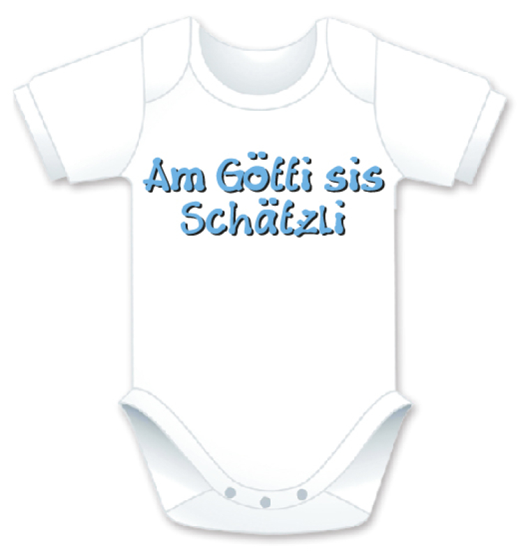 Kurzarm Babybody mit dem Spruch: Am Götti sis Schätzli. Die grosse Show der herzigen Babybodies. Die Strampler mit den lustigen Sprüchen. Das finden nicht nur die Kleinkinder lustig, sondern vor allem auch die Erwachsenen haben an diesem Ge