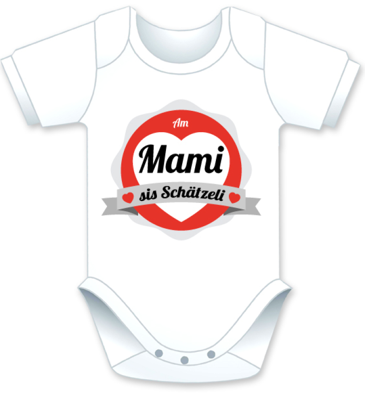 Am Mami sis Schätzeli. Die lustigen Babybodies mit Spruch. Ein witziges Geschenk für Mädchen und Jungen, ob auf die Geburt, den Geburtstag oder zu Weihnachten. Textilien erfolgreich getestet auf Hautfreundlichkeit. Alle farbigen Babybody erhältlich in den