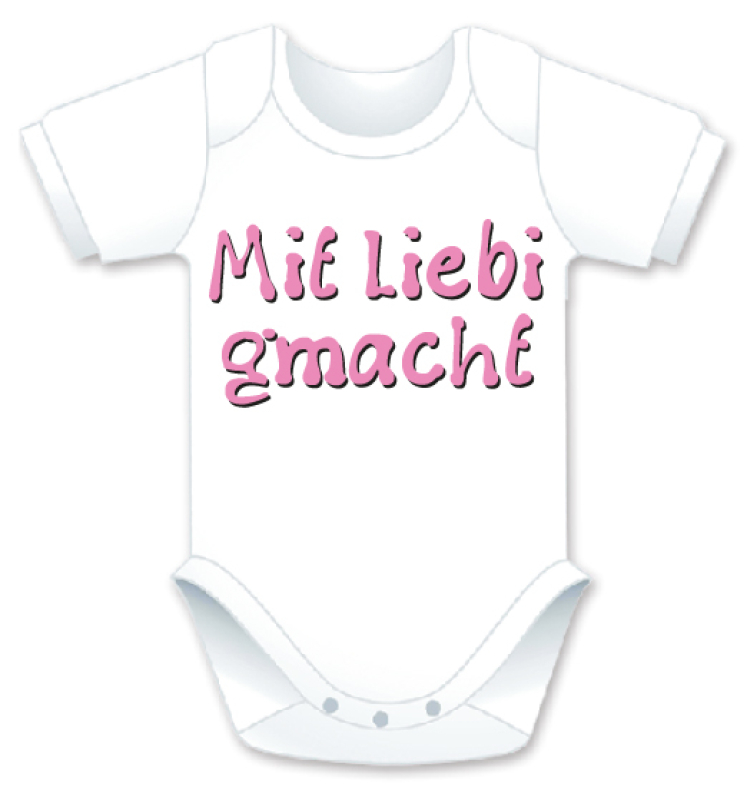 Kurzarm Babybody mit dem Spruch: Mit Liebi gmacht. Die grosse Show der herzigen Babybodies. Die Strampler mit den lustigen Sprüchen. Das finden nicht nur die Kleinkinder lustig, sondern vor allem auch die Erwachsenen haben an diesem Geschenk viel Fre