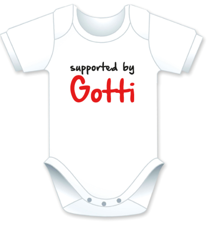 Kurzarm Babybody mit dem Spruch: Supported by Gotti. Die grosse Show der herzigen Babybodies. Die Strampler mit den lustigen Sprüchen. Das finden nicht nur die Kleinkinder lustig, sondern vor allem auch die Erwachsenen haben an diesem Geschenk viel F