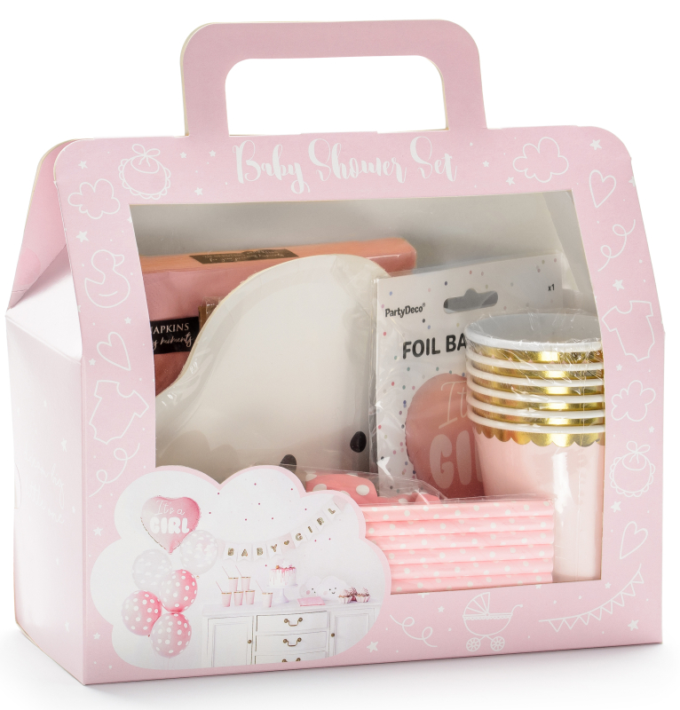 Alles für die coole Babyparty. Die Partybox mit der ganzen Dekoration für die Baby Girl Babyshower Party. Die rosa Partydekoration für die Mädchen Feier. Dekorieren sie ihre Party mit viel Stil. Mit diesem Set können sie alles in einem günstig kaufen.  In