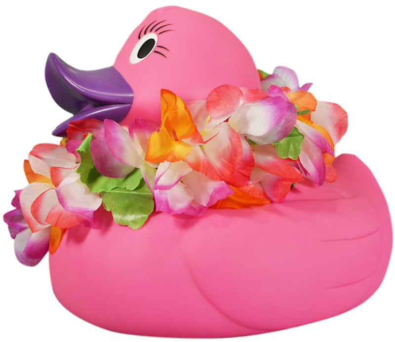 Die grosse pinke Jumbo-Badeente trägt eine Hawaiikette. Eine Pinklady für in die grosse Badewannen oder einfach eine Diva im Badezimmer.  Grösse: 32cm x 26cm x 26cm Gewicht: 1kg