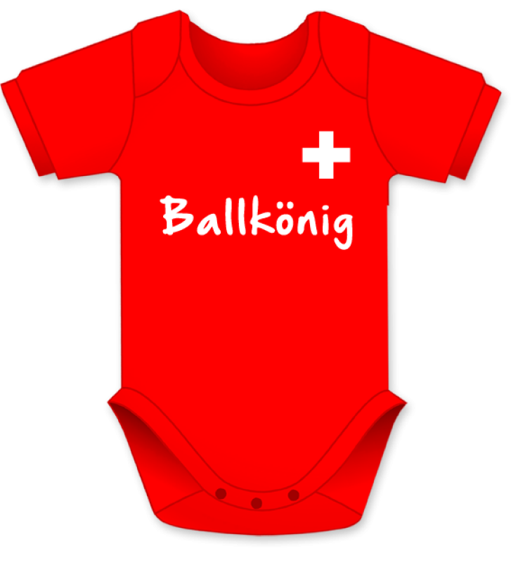 Ballkönig Fussball. Die lustigen Schweizer Babybodies mit Spruch. Ein witziges Geschenk für Mädchen und Jungen, ob auf die Geburt, den Geburtstag oder zu Weihnachten. Textilien erfolgreich getestet auf Hautfreundlichkeit. Alle farbigen Babybody erhältlich