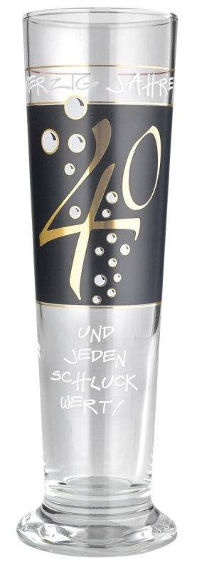 Happy Birthday, alles Gute zum 40. Geburtstag. 40 Jahre und jeden Schluck wert. Das edle Bierglas ist ein beliebtes Geburtstagsgeschenk zum runden Geburtstag für den Bierliebhaber. Bier Seidel mit goldener Schrift. Höhe 21 cm