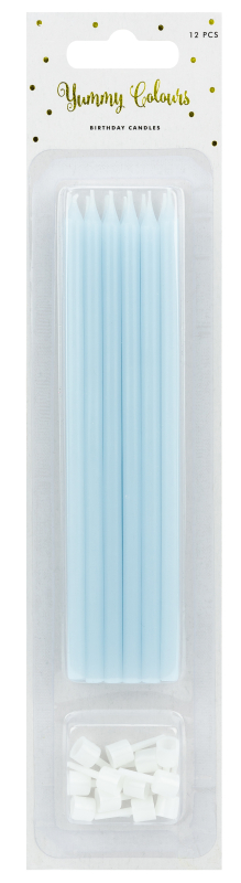 Elegante feine und schlanke Tortenkerzen in hellblau. Die modernen Geburtstags Kerzen werden mit Halter geliefert. Die Kuchenkerzen sind 14 cm hoch. 12 Kerzchen in einer Packung.