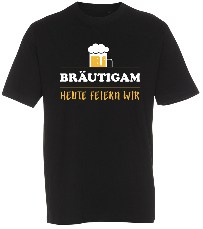 Bräutigam – heute feiern wir! Mit Bier! Das lustige Polterabend T-Shirt für den Bräutigam. Das farbige Sujet-Motiv passt perfekt für den Junggesellen Abschied und seine Gefolgschaft.  Auch für die Kollegen des Bräutigams gibt es passende Shirts, welche in