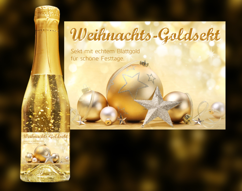 Weihnachts-Goldsekt. Der exklusive Sekt mit Blattgold.  Ein einzigartiges weinhaltiges Prosecco Getränk mit einer leichten Pfirsich-Note.  Der Goldsekt wird in Österreich produziert, komponiert aus den beiden Weinen Grü