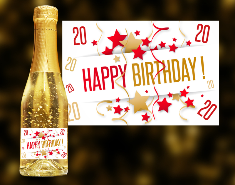 Happy Birthday, 20. Geburtstag. Der exklusive Sekt mit Blattgold.  Ein einzigartiges weinhaltiges Prosecco Getränk mit einer leichten Pfirsich-Note.  Der Goldsekt wird in Österreich produziert, komponiert aus den beiden Wein