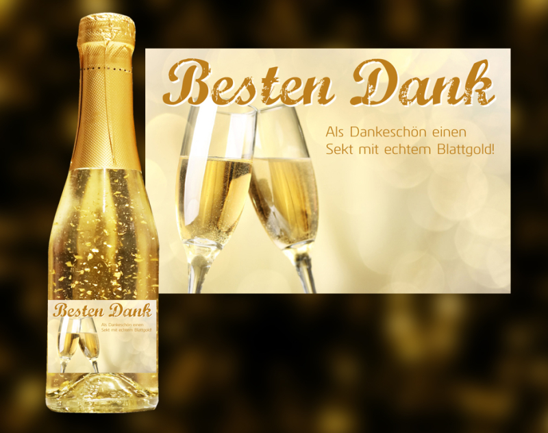 Besten Dank. Der exklusive Sekt mit Blattgold.  Ein einzigartiges weinhaltiges Prosecco Getränk mit einer leichten Pfirsich-Note.  Der Goldsekt wird in Österreich produziert, komponiert aus den beiden Weinen Grüner Velt