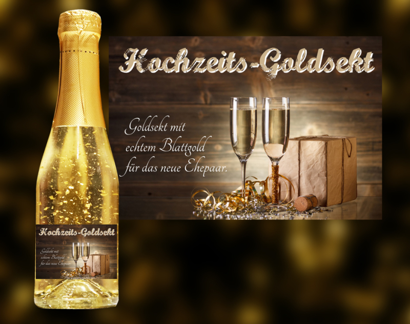 Hochzeits-Goldsekt. Der exklusive Sekt mit Blattgold.  Ein einzigartiges weinhaltiges Prosecco Getränk mit einer leichten Pfirsich-Note.  Der Goldsekt wird in Österreich produziert, komponiert aus den beiden Weinen Grün