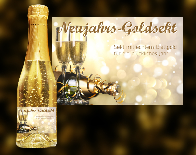 Neujahrs-Goldsekt. Der exklusive Sekt mit Blattgold.  Ein einzigartiges weinhaltiges Prosecco Getränk mit einer leichten Pfirsich-Note.  Der Goldsekt wird in Österreich produziert, komponiert aus den beiden Weinen Grüne