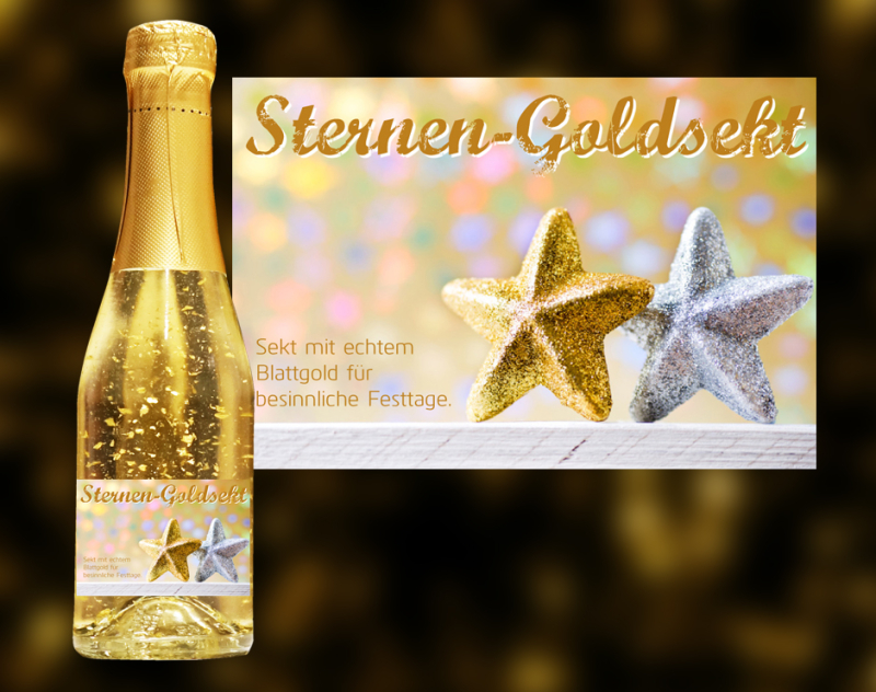 Sternen-Goldsekt. Der exklusive Sekt mit Blattgold.  Ein einzigartiges weinhaltiges Prosecco Getränk mit einer leichten Pfirsich-Note.  Der Goldsekt wird in Österreich produziert, komponiert aus den beiden Weinen Grüner